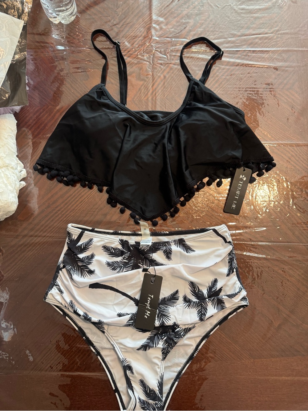 Tempt Me Black Flounce Bikini Top & Palm-Print High Waist Bottom